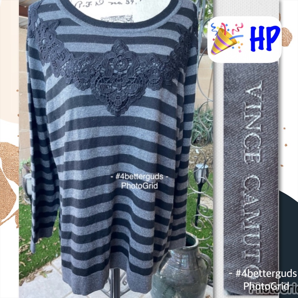 Vince Camuto Sweater Striped with Lace Accent Details Crew Pullover Size 3X